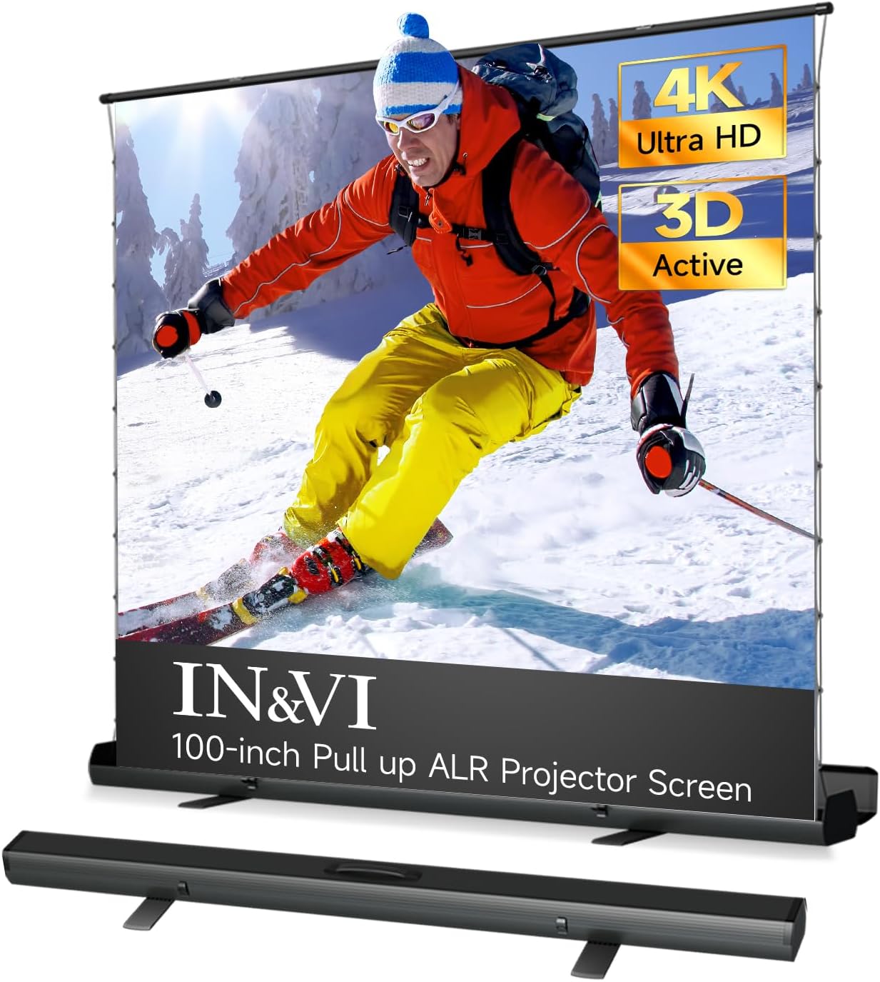 IN&VI Tab-Tension Portable ALR Manual Pull Up Projector Screen,Outdoor Projector Screen 100in 178°Viewing Angle Portable Movie Screen 3D/4K HD 16: 9 Wrinkle-Free Design for Backyard Night