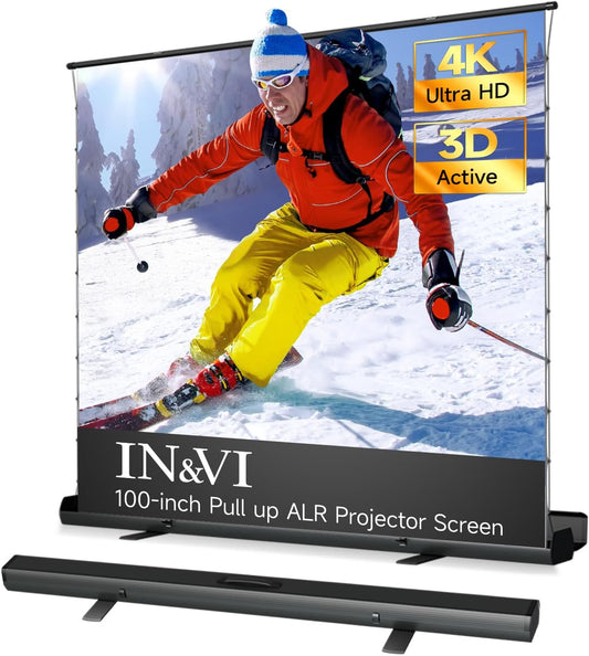 IN&VI Tab-Tension Portable ALR Manual Pull Up Projector Screen,Outdoor Projector Screen 100in 178°Viewing Angle Portable Movie Screen 3D/4K HD 16: 9 Wrinkle-Free Design for Backyard Night