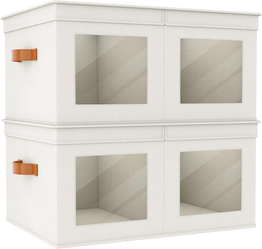 Univivi Large Storage Boxes with Lids, Collapsible Foldable Storage Bins for Clothes, [2-Pack] Fabric Storage Cubes with Handles, Closet Organizers for Home, Bedroom (Beige, 24” x 17” x 12")