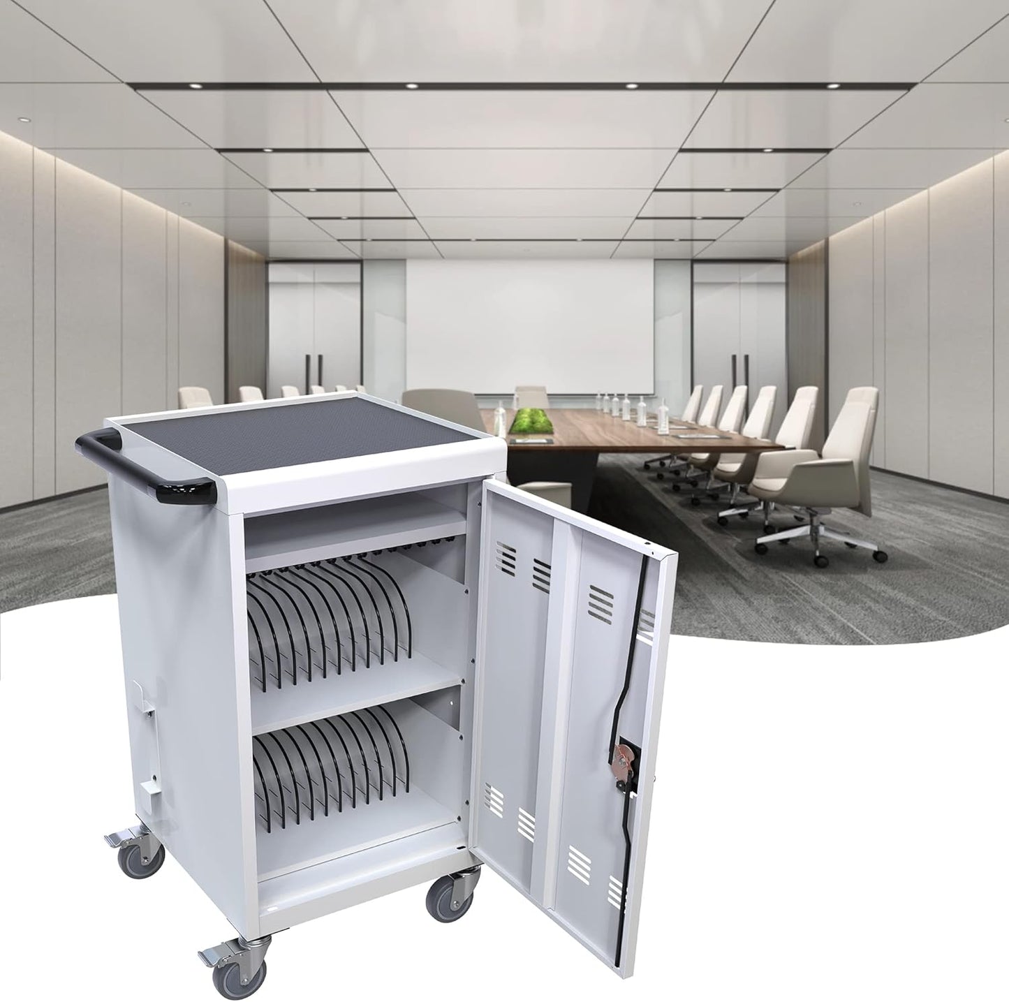 32 Device Charging Cart, Laptop and Tablet Storage Cart, Holds Up to 16.3" with Cord Management, Front and Rear Access Locking, Desktop Charging and Storage Cabinet for Classroom or Office.White