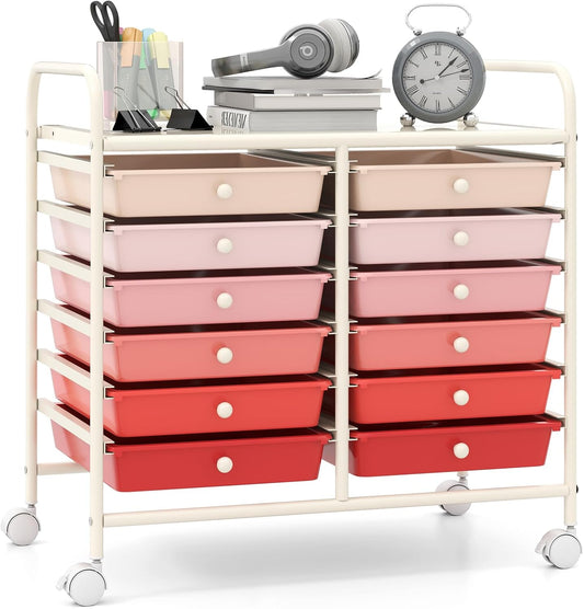 Giantex 12 Drawers Rolling Cart, Mobile Storage Drawer Cart, Classroom Organizer Cart for Office School Supplies Tools Scrapbook Paper Craft Small Printer, Utility Cart on Wheels, Pink Gradient
