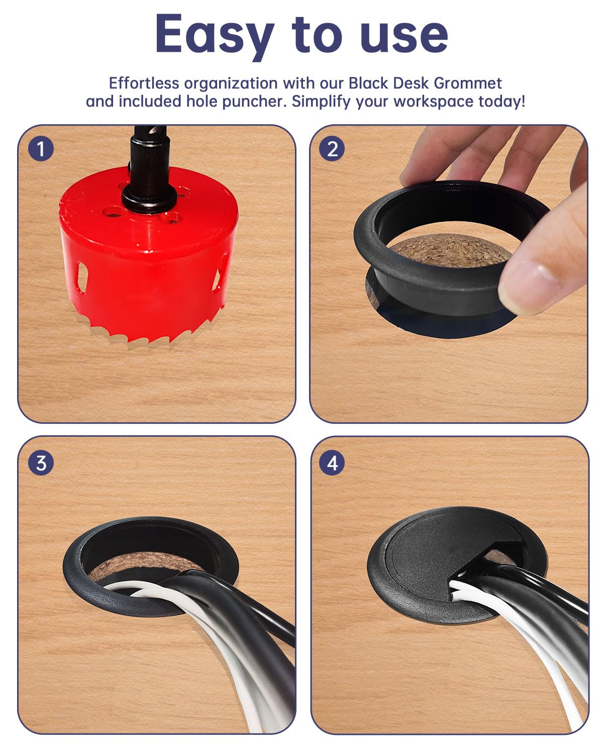 Desk Grommet 3-1/8 inch (80mm) - 8 Pack Black Cable Grommet & Desk Hole Cover with Hole Saw for Cables, Cord Management for Office, TV, and Home Table