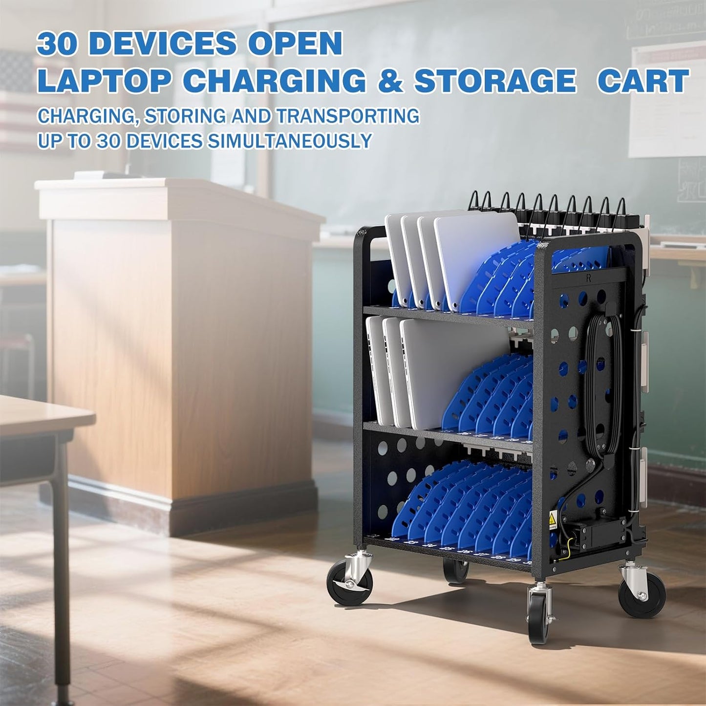30 Unit Mobile Charging Cart - Open Charging Station Rack for iPad, Chromebooks, Tablets 14inch -  Tablet Organizer Station for Classroom - Laptop Storage Cart with Cable and Charger Organization