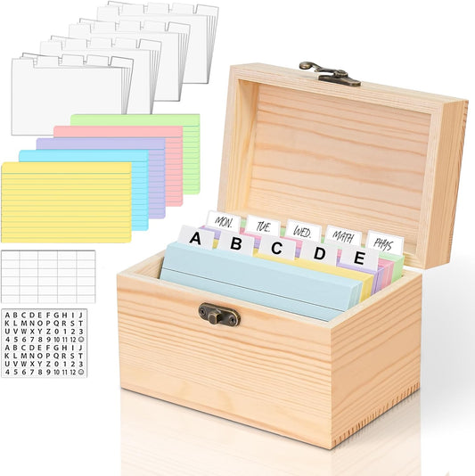 MOBYKE Index Card Holder 3x5, 100 Pcs Heavy-Duty Index Card Business Card Organizer Wooden Recipe Box with Dividers Flash Card Holder with 30 White Dividers, 1 Blank Sticker and 1 Letter Sticker