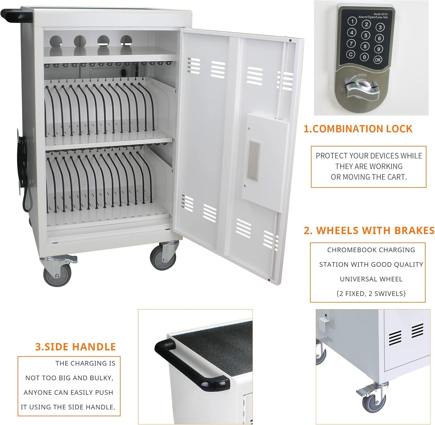 32 Device Mobile Charging Cart with Password Lock, Mobile Ipad Cart for iPads, Chromebooks and Laptop Computers, Locking Charging Station with Lock & Key for The Front Back Door, Surge Protection