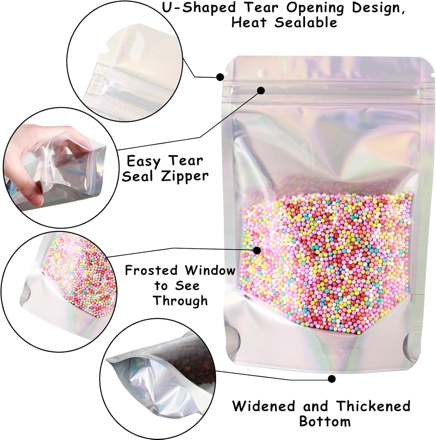 150 Pcs Mylar Bags for Food Storage, 6x9 Mylar Bag with Window Stand Up, Bulk Holographic Resealable Bags Smell Proof Bag Food Packaging for Small Business Freeze Dried Candy Jewelry Foil Packaging