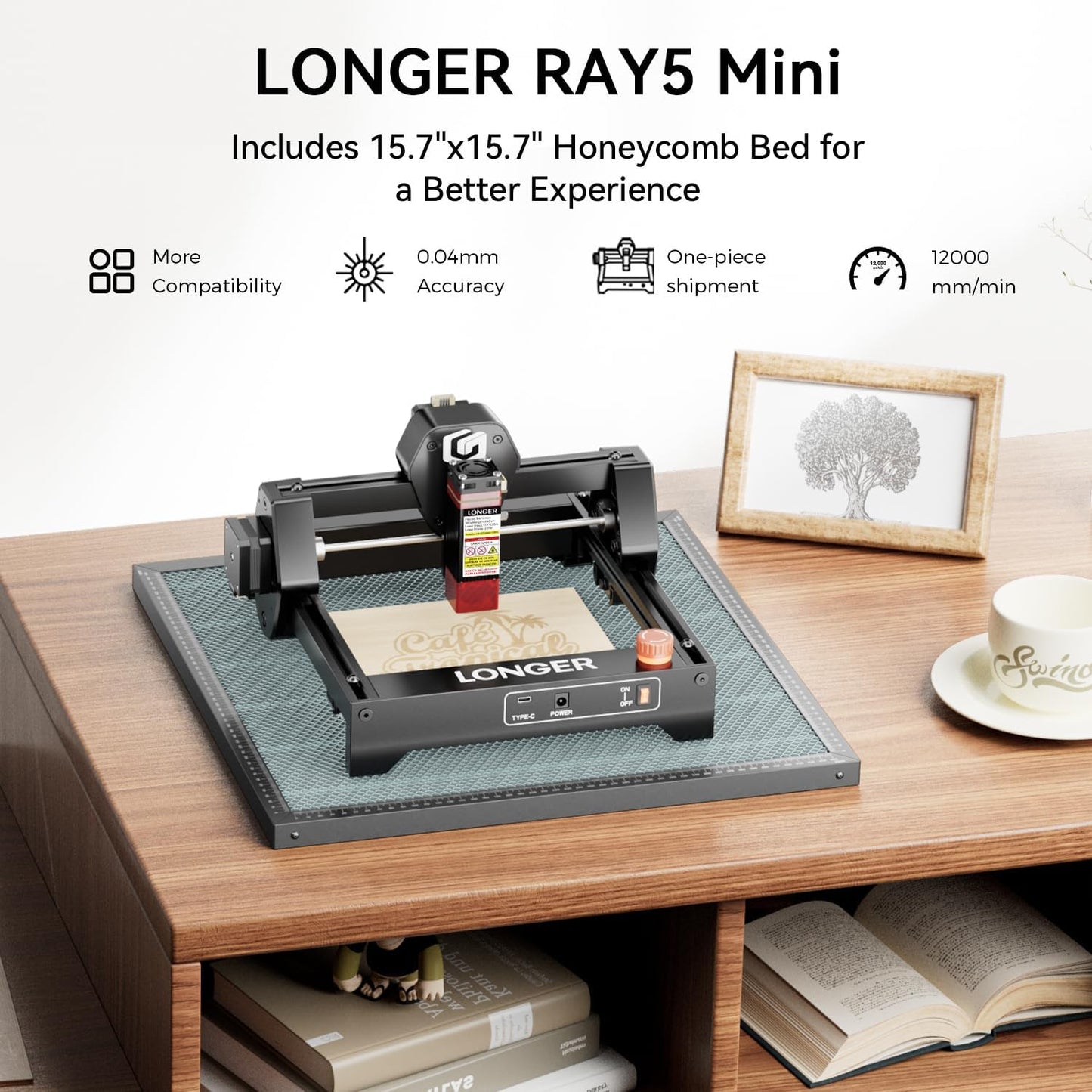 LONGER Ray5 mini 2.5W Laser Engraver with 15.7"x 15.7" Honeycomb Bed, 12000mm/min High-Speed Cutter for Wood, Metal, Acrylic, Leather, DIY CNC, 130x140mm Engraving Area, WiFi, Emergency Stop Safety
