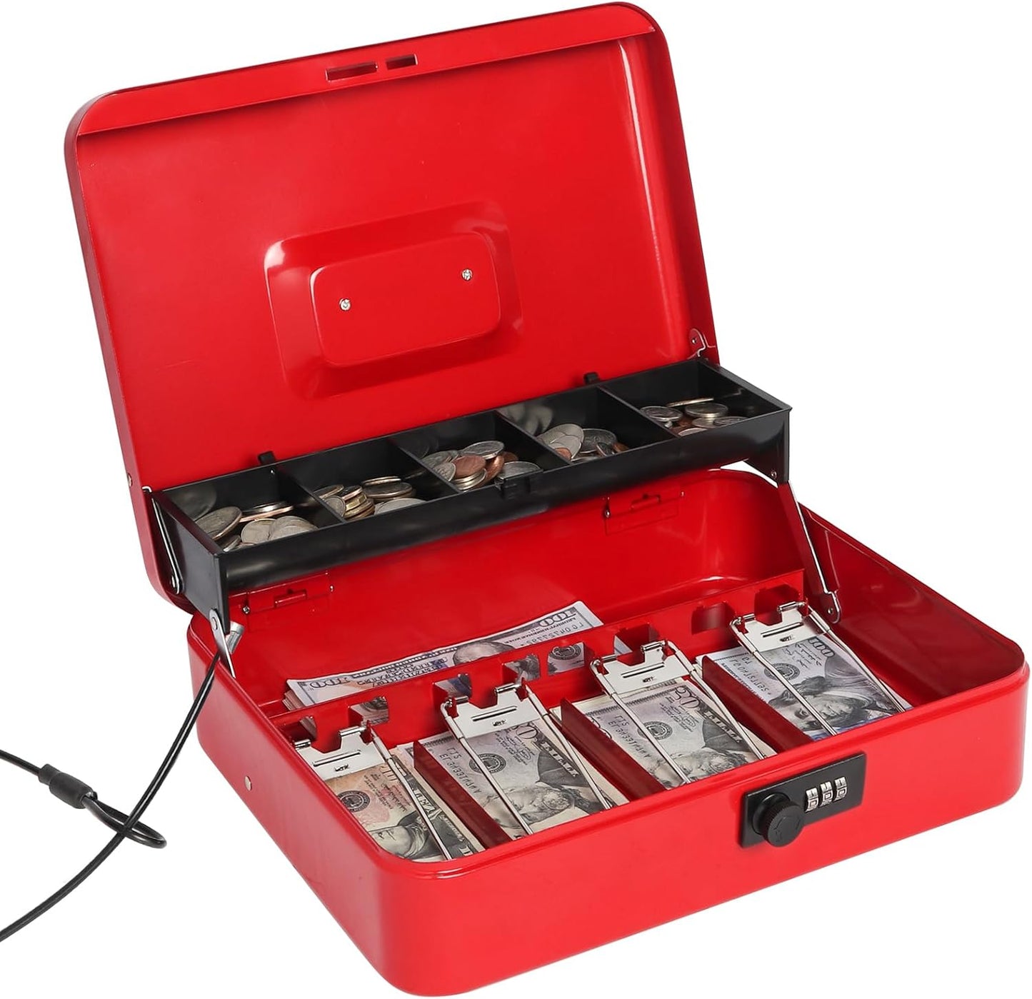 Jssmst Large Locking Cash Box with Money Tray, Metal Money Box with Combination Lock Cash Safe with Security Cable, Red