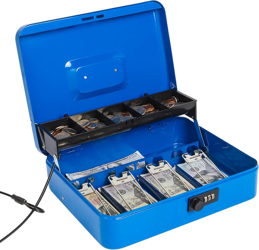 Jssmst Large Locking Cash Box with Money Tray, Metal Money Box with Combination Lock, Code Lock Box Blue Money Safe, SM-CB02305XL
