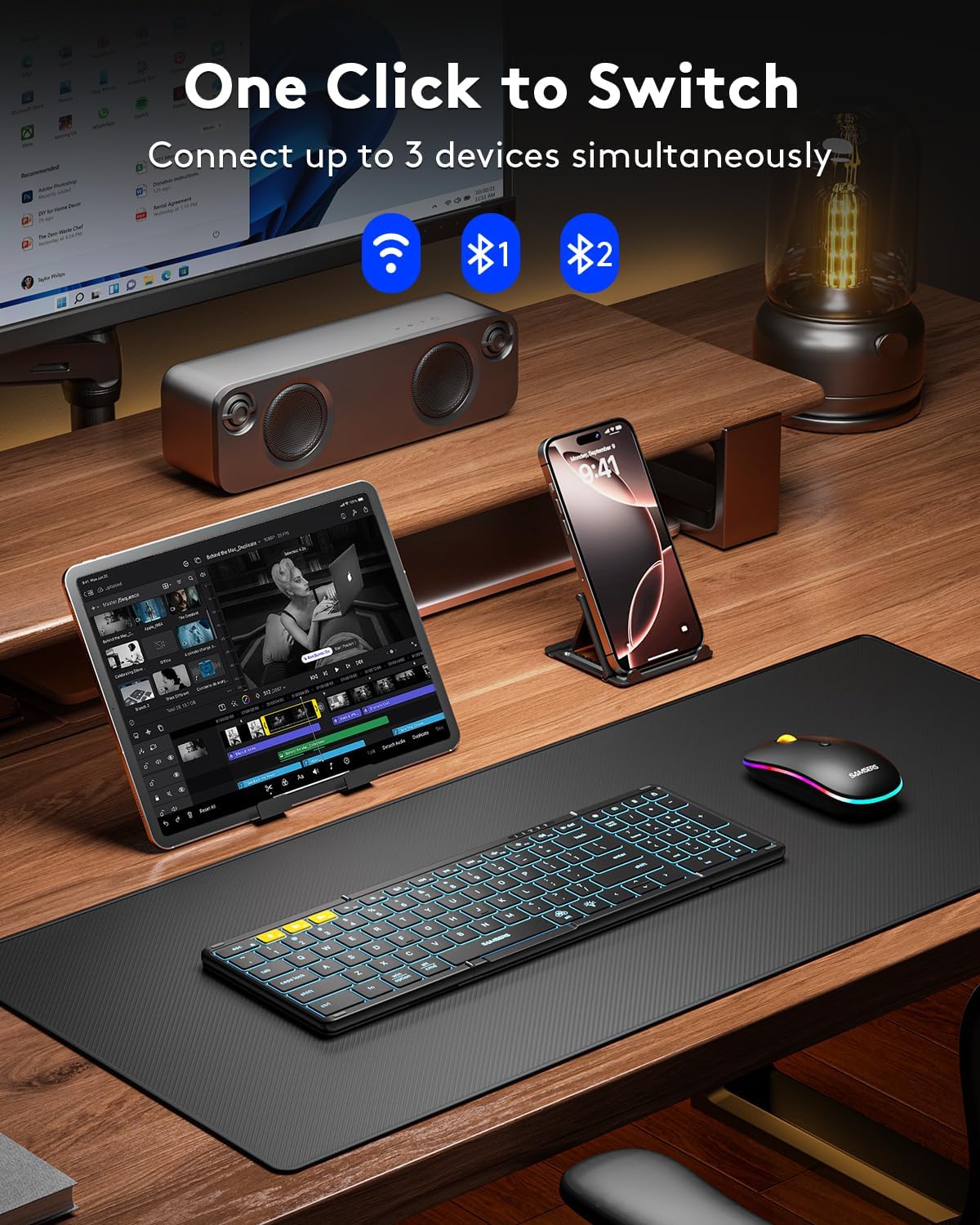 Samsers Foldable Keyboard and Mouse, Folding Bluetooth Keyboard Mouse Combo with Backlight, 2.4G + BT5.0 x 2, Full-Size Travel Keyboard & Portable Wireless Mouse for Windows/Android/iOS/Mac OS, Black