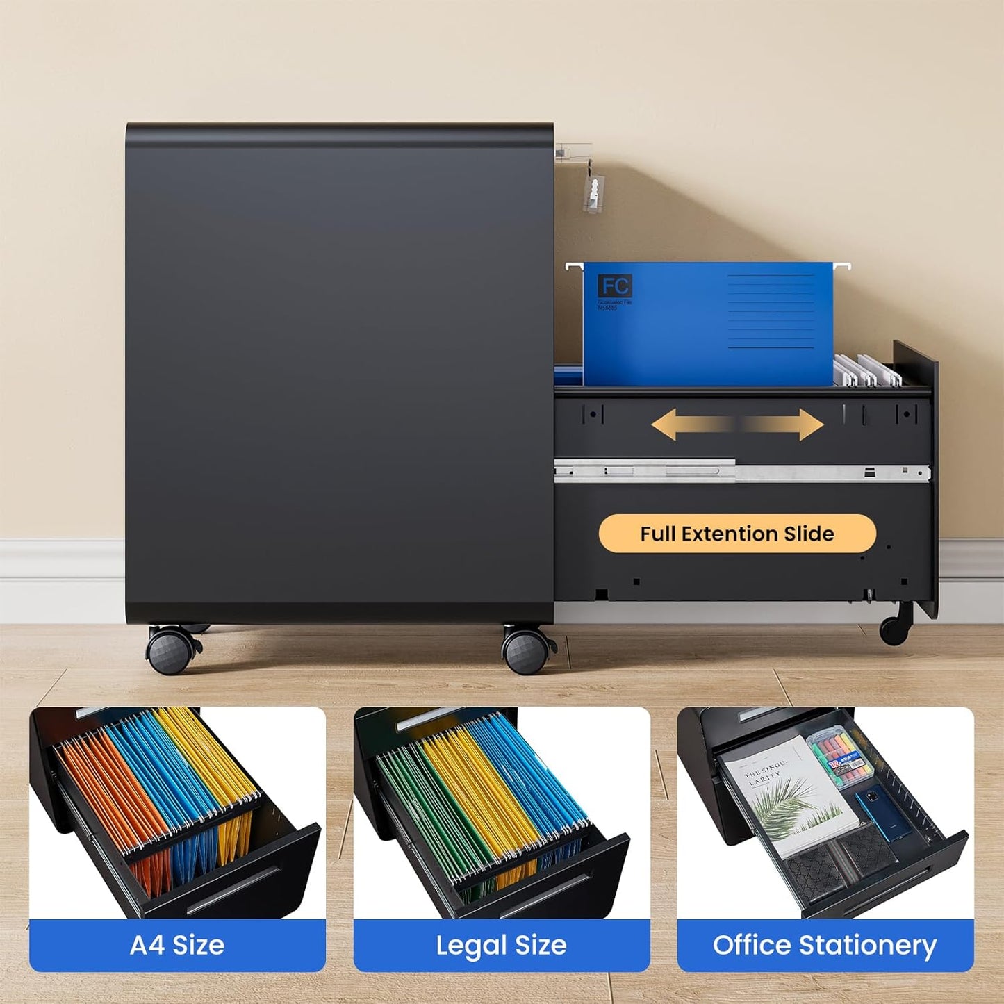 MIIIKO Mobile Filing Cabinet 3 Drawer, Rolling Small File Cabinet with Keys Under Desk, Modern Black Filing Cabinets for Home Office with Anti-tilt Wheels, A4/Letter/Legal Hanging File Drawers