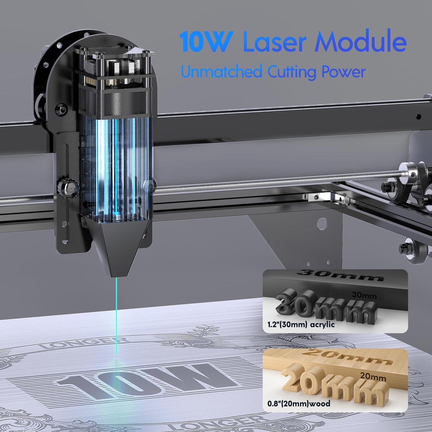 Longer RAY5 10W Laser Cutter and Laser Engraver for Tumblers, Rotary Roller Bundle, 17.3"x 17.3" Working Bed, Enclosure with Vent, and Air Pump, Laser Engraver for Wood and Metal, Acrylic