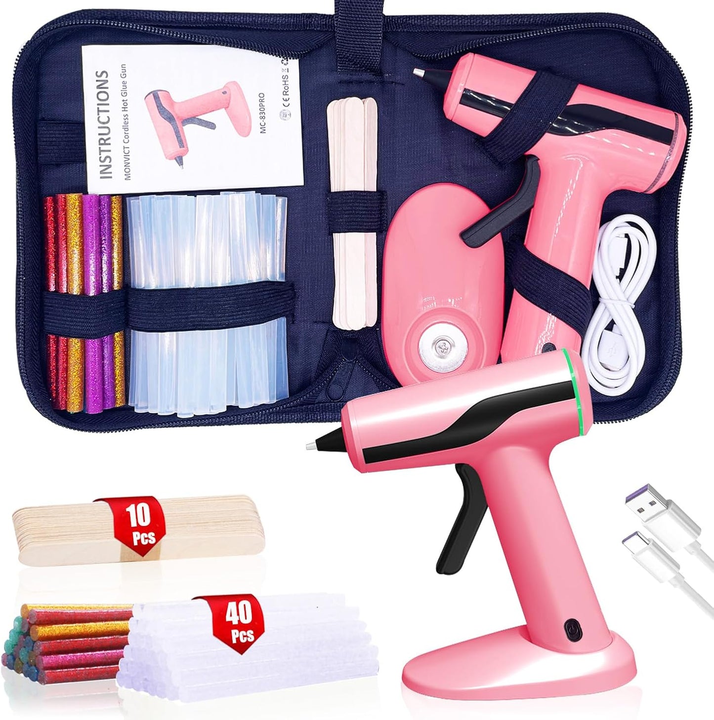 MONVICT Cordless Hot Glue Gun Kit, USB-C Rechargeable Mini Pink Glue Gun with 40 Pcs Premium Glue Sticks, 10 Pcs Craft sticks, Carrying Case, Smart Power-Off Hot Melt Glue Gun for DIY Craft Gift