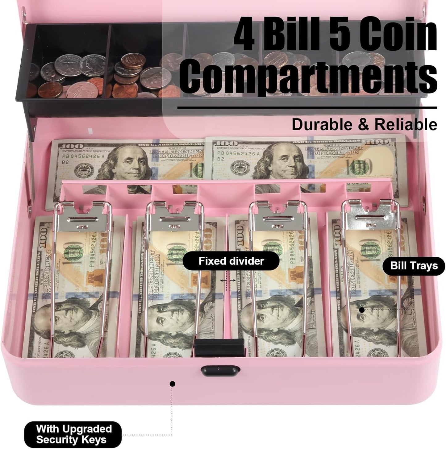 Cash Box Metal Money Box with Tray & Key Lock,Tiered Locking Cash Boxes,Durable Lock Safe Box with Key,4 Bill 5 Coin Slots,Cantilever Design,Large (Large, Top-Key Pink)