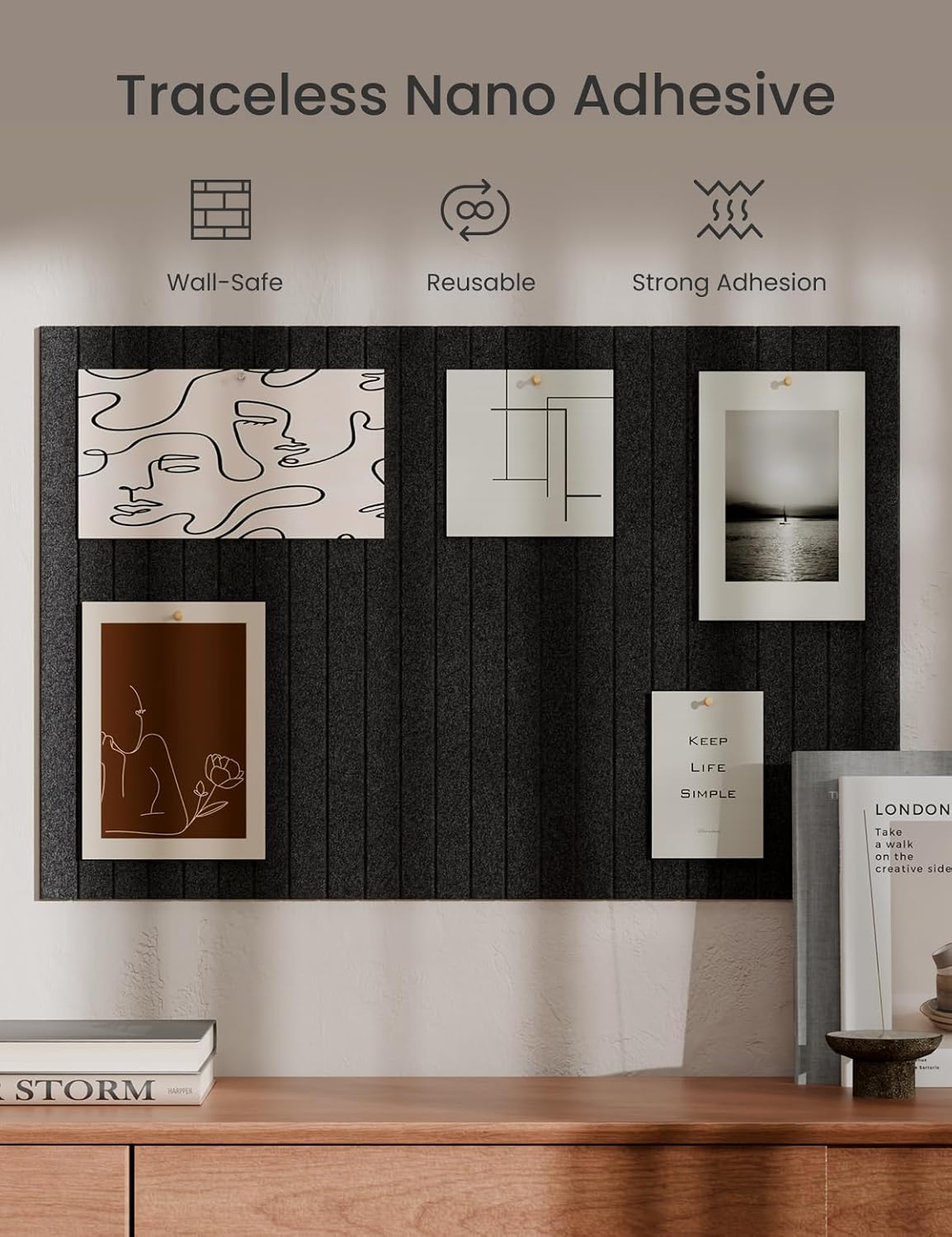 Bumusty Large Cork Board Alternative-36 x24 Felt Bulletin Board Tiles, with 30 Pushpins, 40 Adhesive Tabs, 6-Pack Slat Wall Paneling, Cork Boards for Office Push Pin Board Felt Board-Black