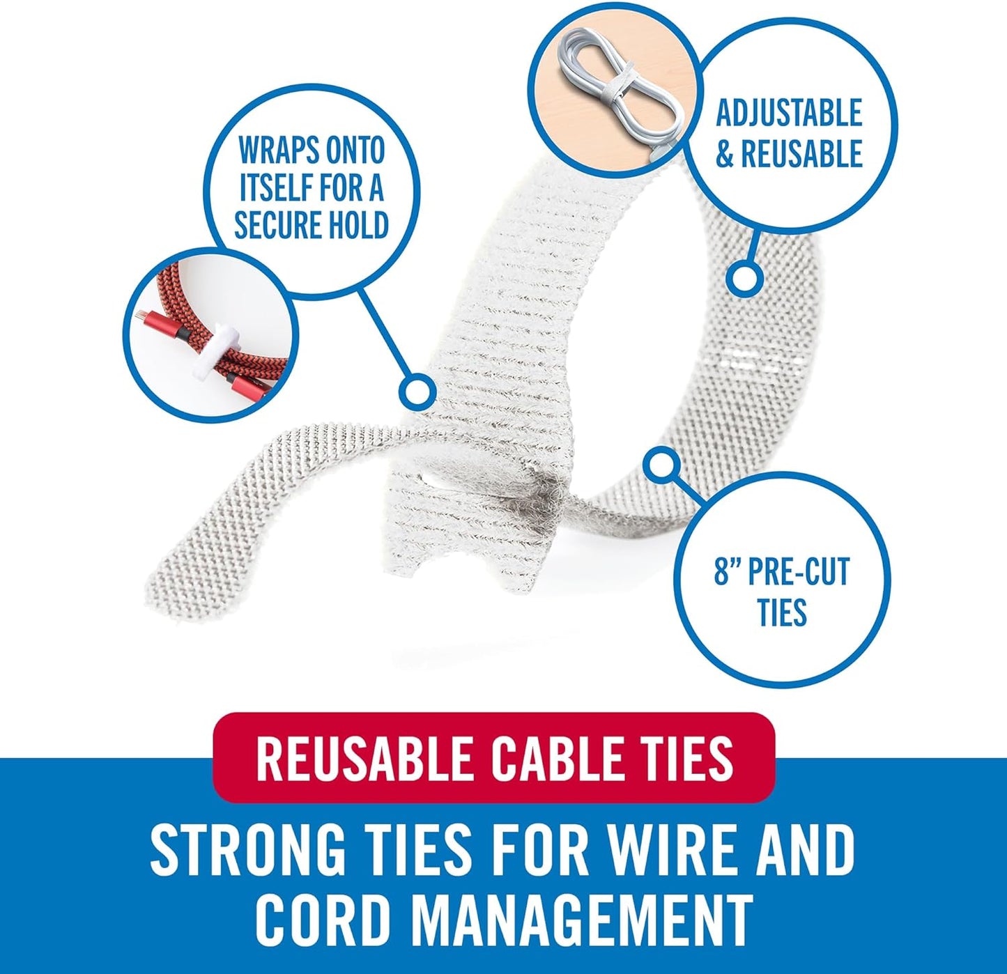 VELCRO Brand White Cable Ties Heavy Duty | 60Pc Bulk Pack | 8 x 1/2" ONE-WRAP Straps | Strong Reusable Wire Management | Cord Bundling for Home Office and Data Centers (Packaging May Vary)