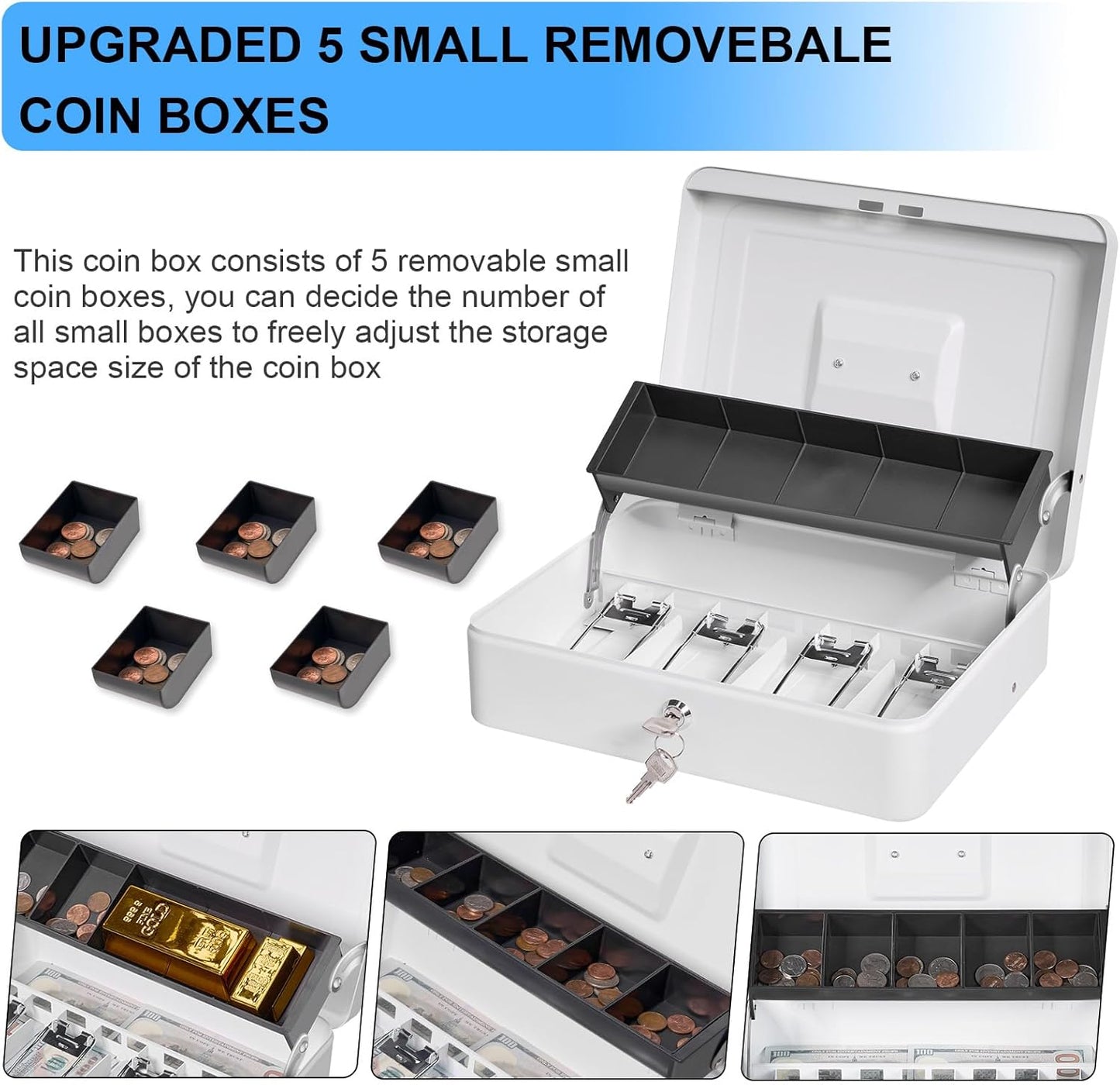 Cash Box Key Lock on Side, Cash Box with Money Tray & Key Lock 4 Bill 5 Coin Slots,Large Safe Lock Box with Key,Metal Money Saving Organizer for Security 11.8L x 9.5W x 3.5H Inches, White