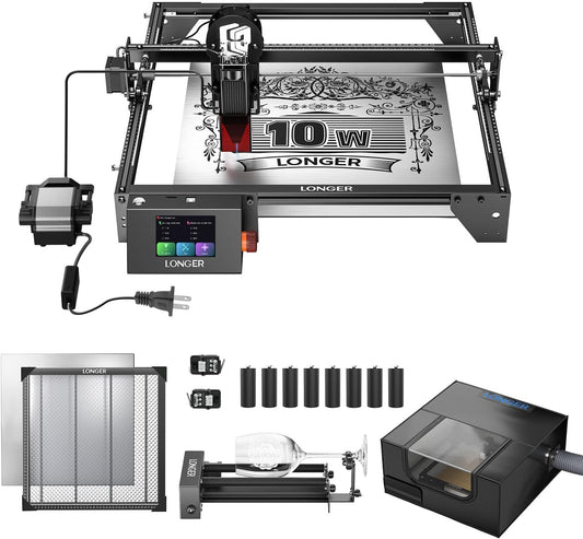 Longer RAY5 10W Laser Cutter and Laser Engraver for Tumblers, Rotary Roller Bundle, 17.3"x 17.3" Working Bed, Enclosure with Vent, and Air Pump, Laser Engraver for Wood and Metal, Acrylic