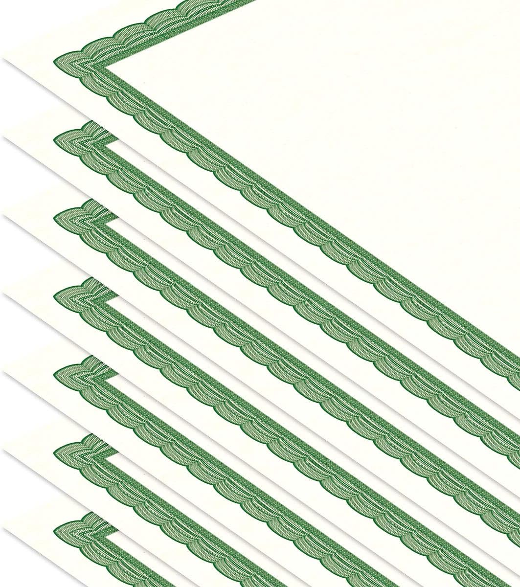 Executive Green & White Parchment Certificate Papers - Pack of 100, Laser & Inkjet Printer Compatible, For Office, Business Awards, Graduation, School Diplomas, 8-1/2" x 11" on 60 lb. Text Stock