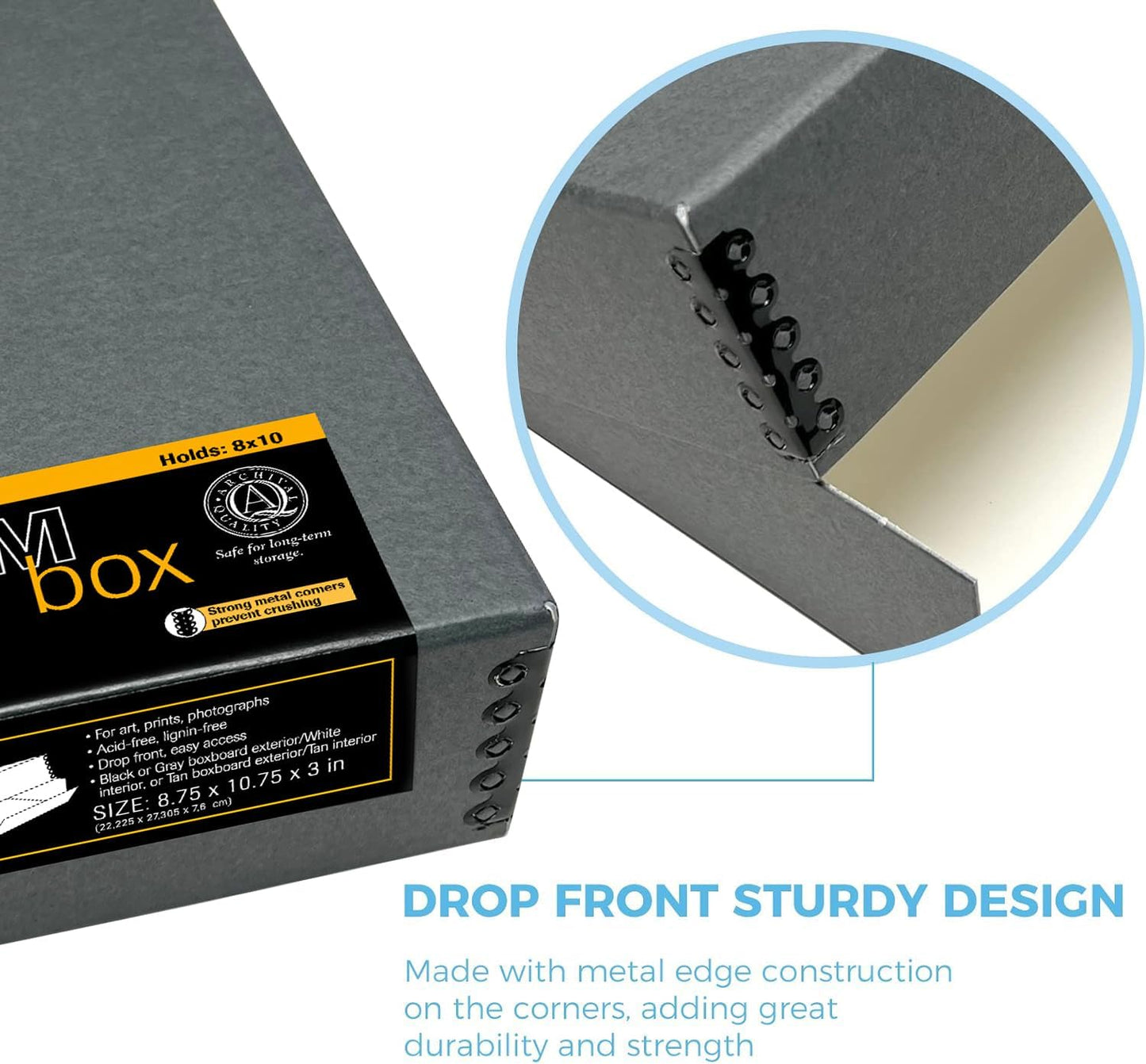 Lineco Museum Archival Storage Box, 8.75x10.75x3 in. Drop Front Design. Acid-Free with Metal Edge. Organize Photos, Pictures, Prints, Documents, Crafts, DIY. Gray, 1 Pack