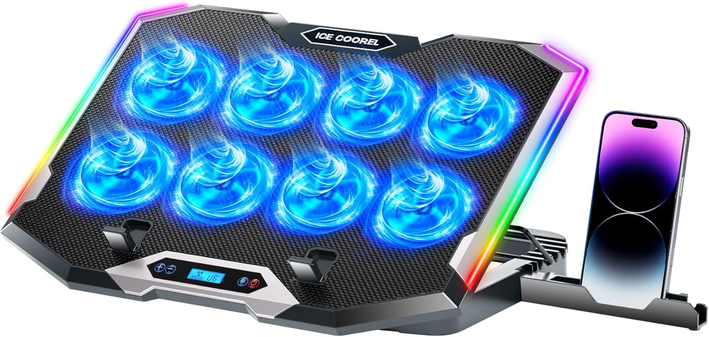 ICE COOREL Gaming Laptop Cooling Pad with 8 Cooling Fans, Laptop Fan Cooler Pad for 15-17.3 Inch, Notebook Cooler Stand with 6 Height Adjustable, RGB Cooling Pad with Two USB Port + Phone Stand