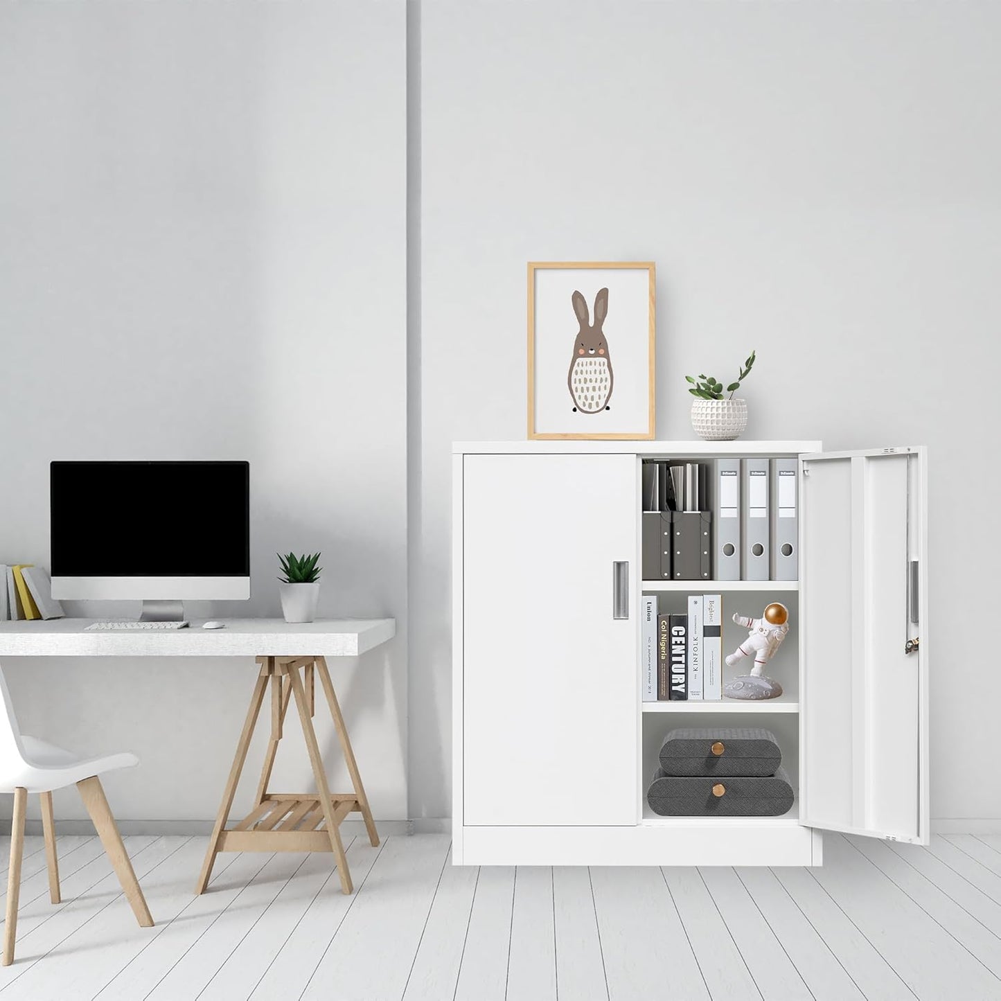 CMY Metal Storage Cabinet, Locking Storage Cabinet with Doors and Adjustable Shelves for Office, Garage, Home-White