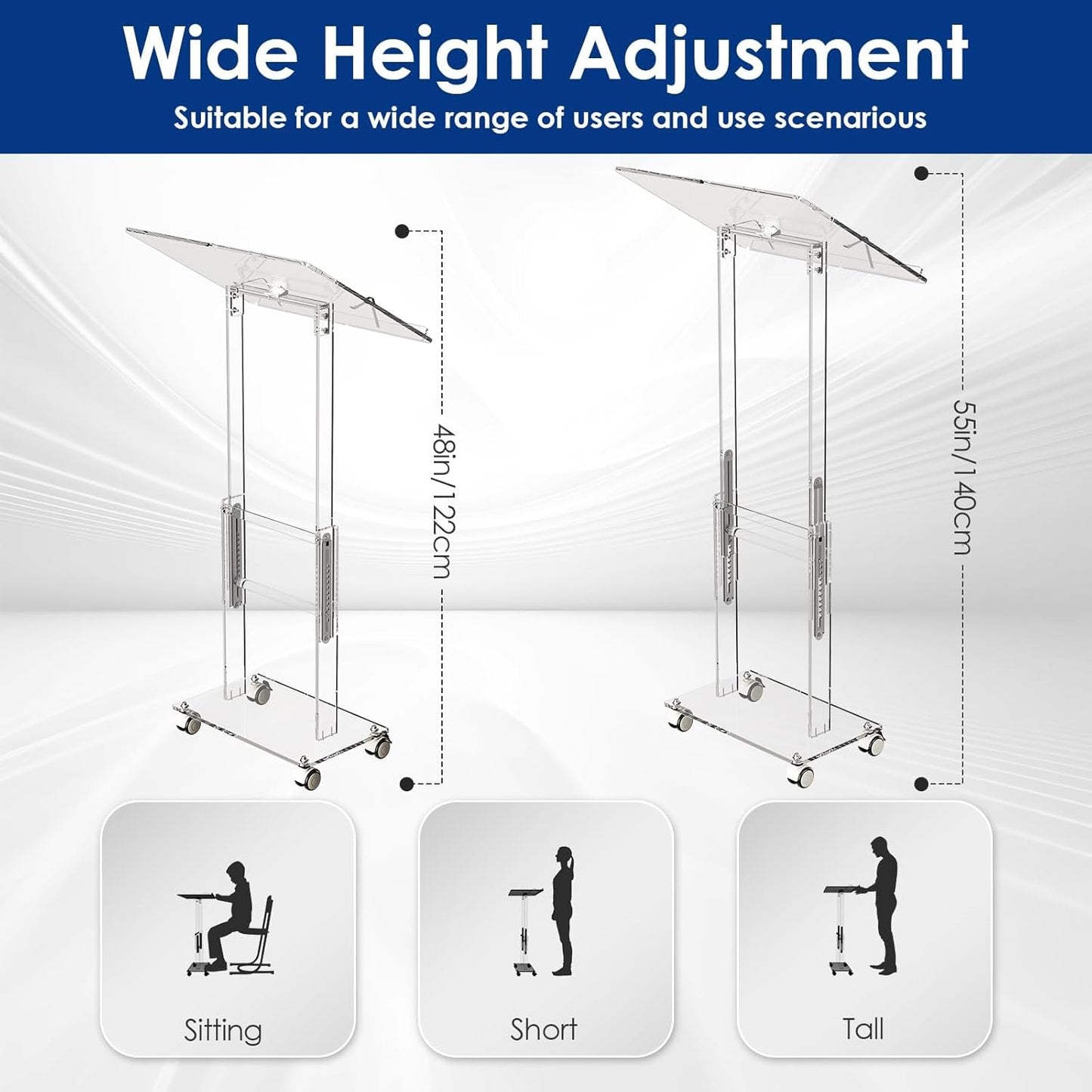 Acrylic Podium Stand,49"H Rolling Podium with Lockable Wheels,Height & Angle Adjustable Lecterns & Podiums, Portable Podium for Classroom,Teachers,Pulpits for Churches,Speech, Clear