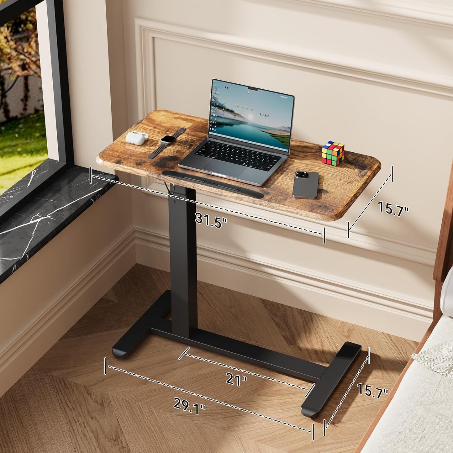 Mobile Standing Desk, Height Adjustable Left/Right Overbed Bedside Table, 90° Tiltable Portable Laptop Desk with Wheels, Foldable Computer Cart for Hospital Home Use, Rustic Brown