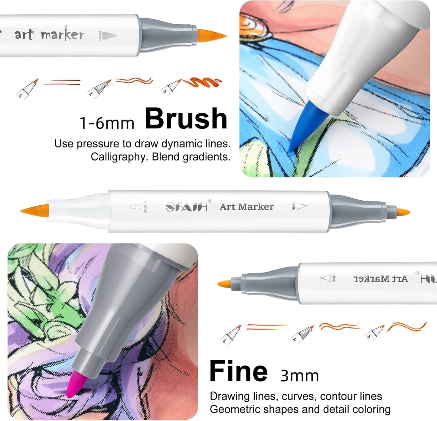 SFAIH Alcohol Markers Brush & Fine - 121 Colors Double Tipped Art Markers for Adult Coloring Illustration, Gifts for Artist Adult - Adjustable Shoulder Strap & Faux Leather Lining & Outer Zip Pocket