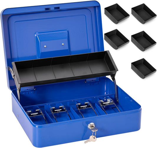 Large Locking Cash Box with Key Lock and Money Tray, Money Box with Cash Tray, Lock Safe Box for Office Business,11.8" x 9.5" x 3.5", Blue