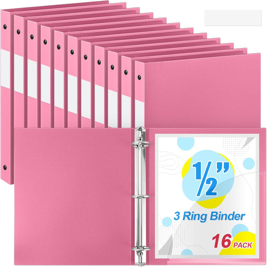 Henoyso 16 Pcs 3 Ring Binder 1/2'' Round Fits Letter Size 8. 5'' x 11'' Paper Plastic Flexible Binder Holds 100 Sheets with 1 Pockets Versatile Organizer for Office Home School (Pink)