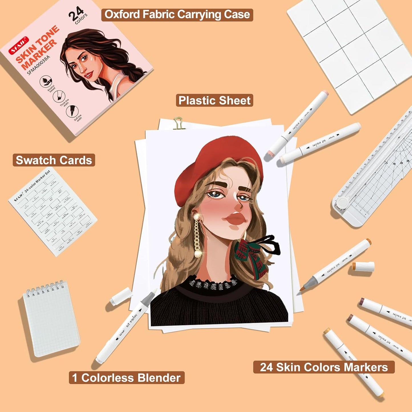 SFAIH Skin Tone Alcohol Markers Brush Tip - 25 Portrait Color Markers for Drawing, Coloring - Fast-Drying, Blendable Ink Marks for Artist Adults - Refillable Ink