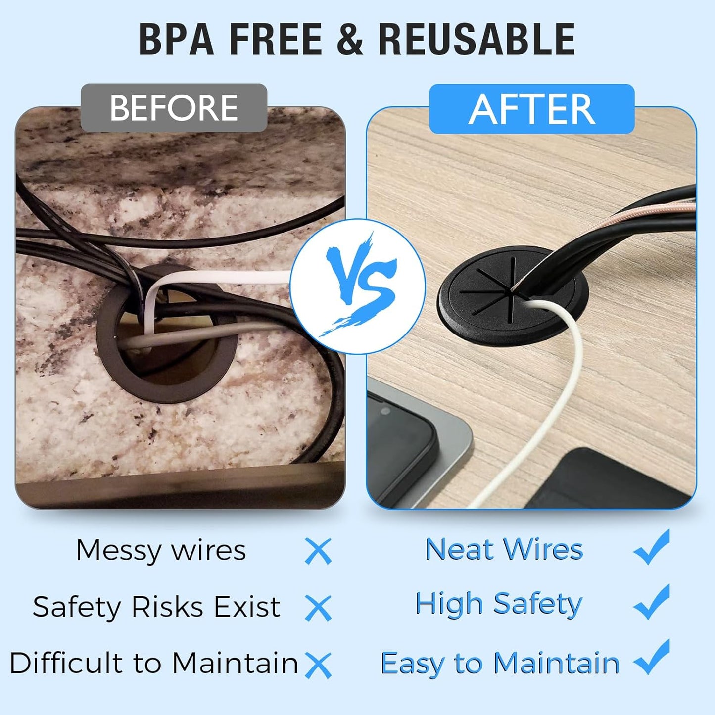 Desk Grommet 3-1/8" (80 mm), Desk Hole Cover for Cables Black, Cable Grommet ABS Plastic, Desk Hole Grommet for Office and Home Table Cable, Detachable & Flexible Cable Cord Organizer-2 Pcs