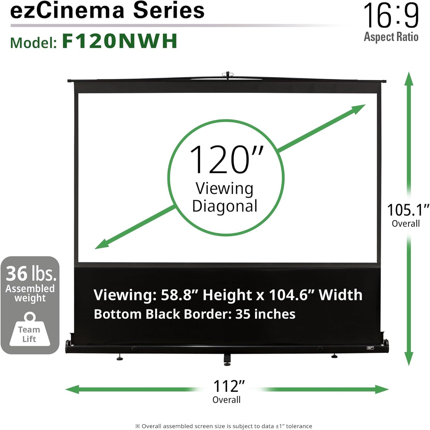 Elite Screens ezCinema Series 120-Inch Projector Screen 16:9 – Portable Floor Pull-Up Manual Projection Screen for Indoor Outdoor, 4K 8K Ultra HD 3D Ready, Home Theater Office Church – F120NWH