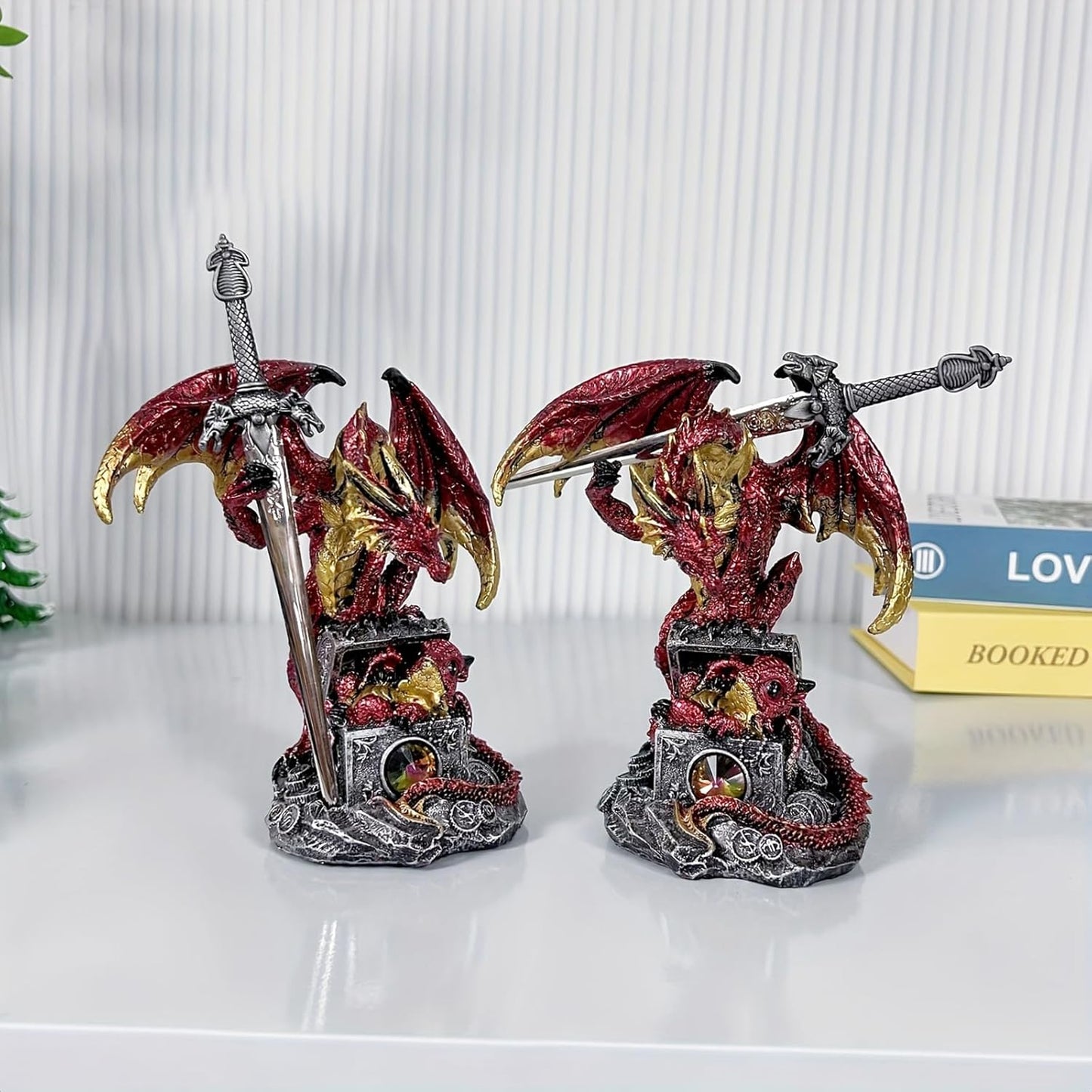 Dragon with Sword Collectible Statue Fantasy Figurine Resin Medieval Dungeons Creative Ornaments for Home,Shelf,Living Room Decor 7.68 Inches (Red)