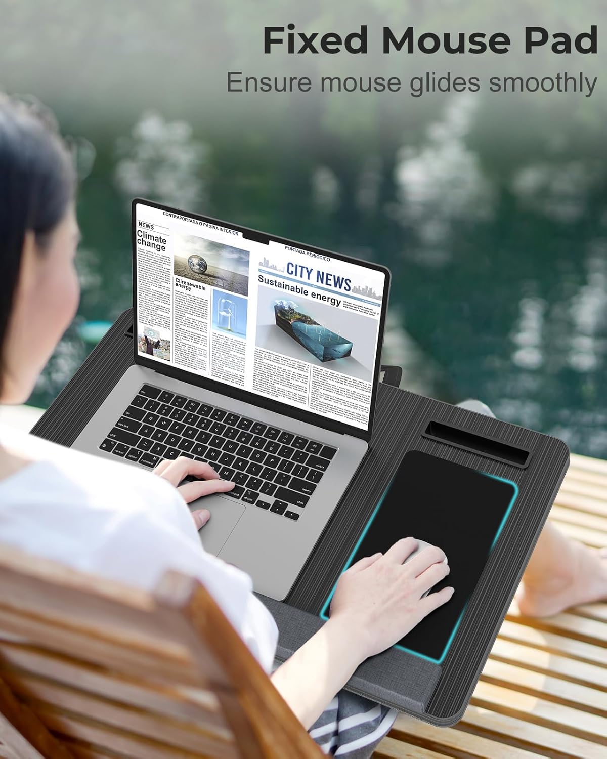 Lap Desk - Up to 17” Laptop Tray with Wrist Rest, Portable Handle, Fixed Mouse Pad, Tablet & Phone Slots, Laptop Stand for Bed with Cushion (Black)