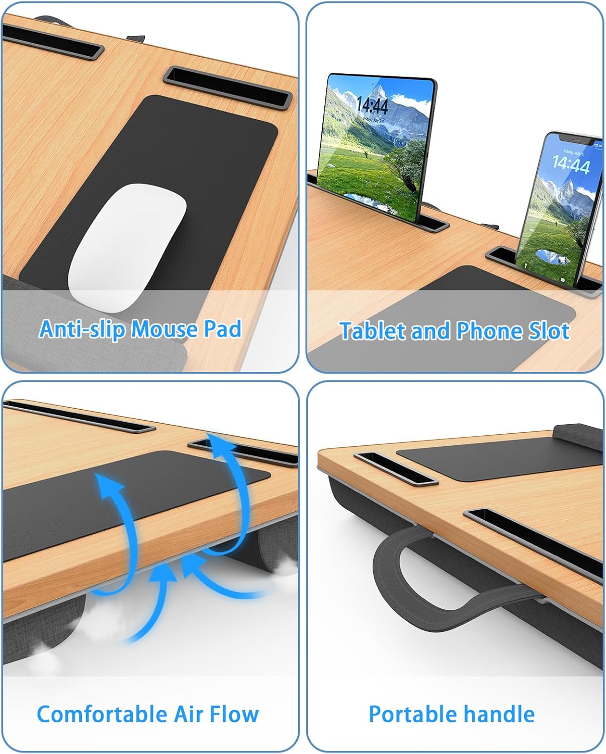 Laptop Lap Desk, Portable Large Laptop Desk for Bed, Up to 17 in Lap Table with Wrist Rest, Mouse Pad, Tablet Phone Slot, Portable Handle, Cushion (Light Brown)