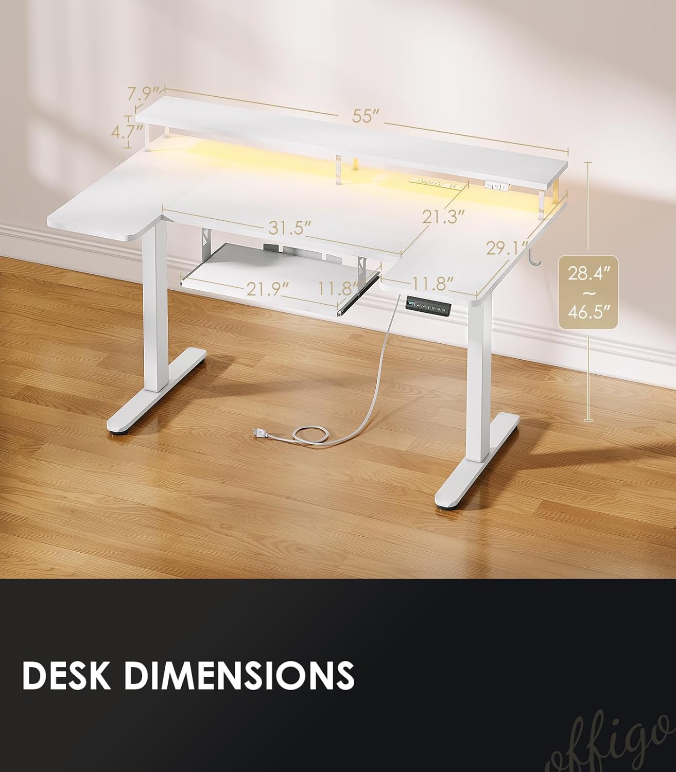 OffiGo U Shaped Electric Standing Desk with Keyboard Tray, 55 Inch Height Adjustable Desk with Power Outlets & LED Lights, Sit Stand Table with Monitor Stand for Home, Office, White