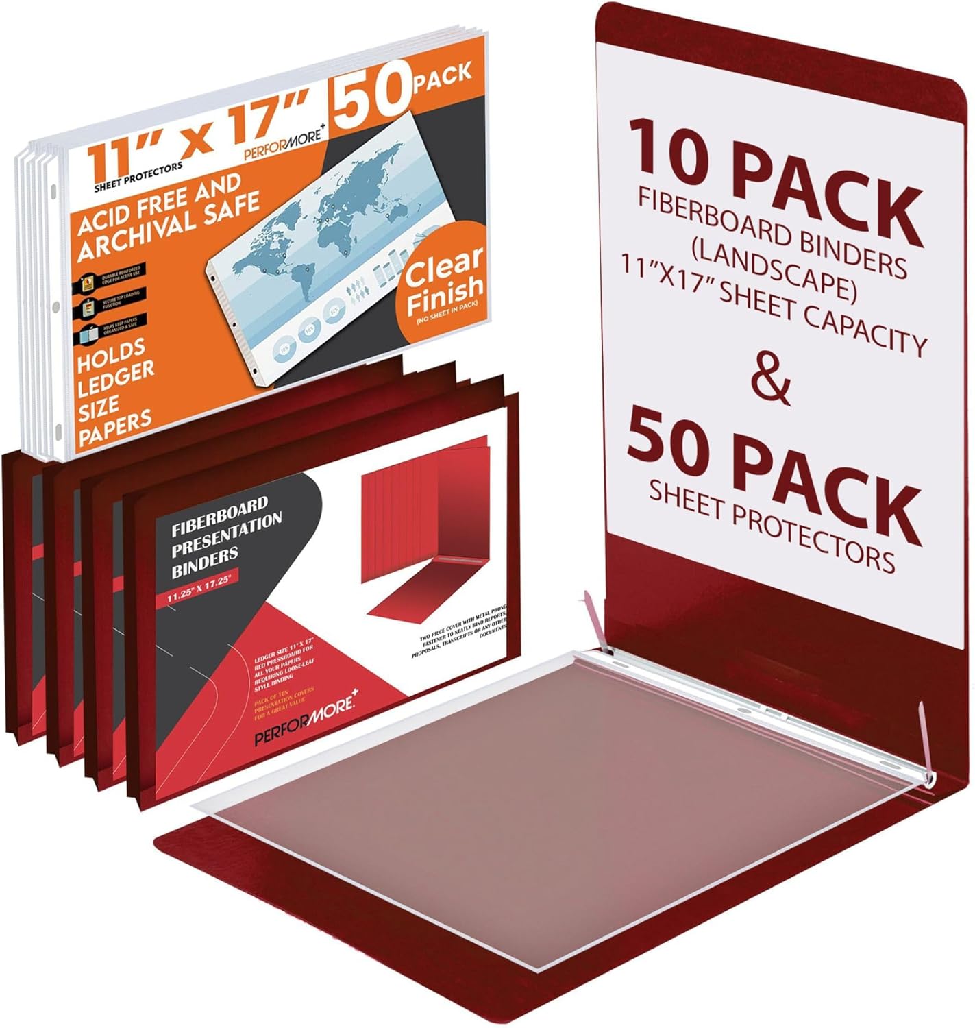 Performore 11x17 Landscape Presentation Binder Folders | Fiberboard Covers | 3-Inch Capacity | 50 Clear Sheet Protectors | Archival-Quality Document Storage | Pack of 10 (Red)