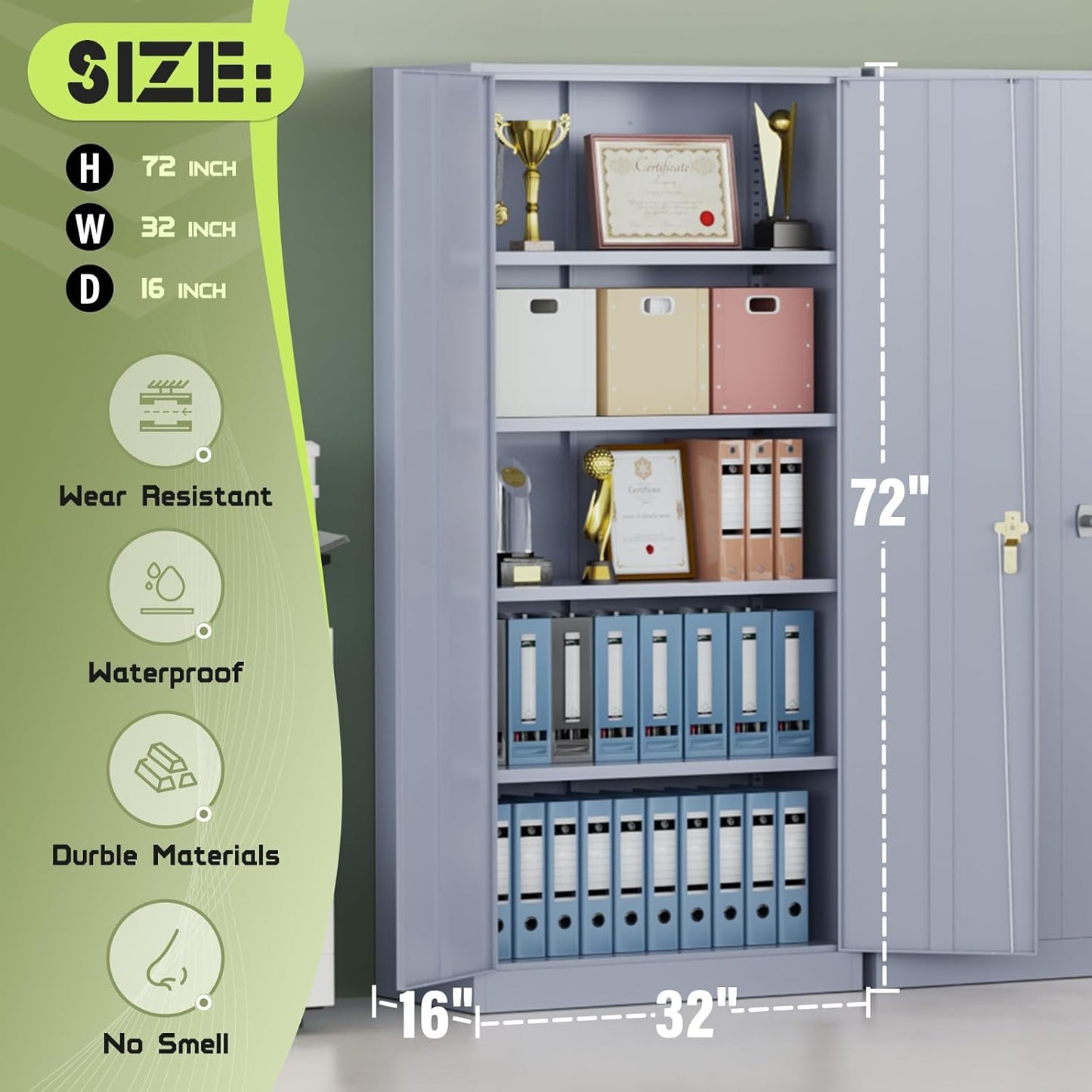 SUNCROWN 72" Metal Storage Cabinet - Heavy-Duty Metal Garage Cabinet with 4 Adjustable Shelves & 2 Doors for Tools, Office, Home, Workshop,Cement Grey-Small