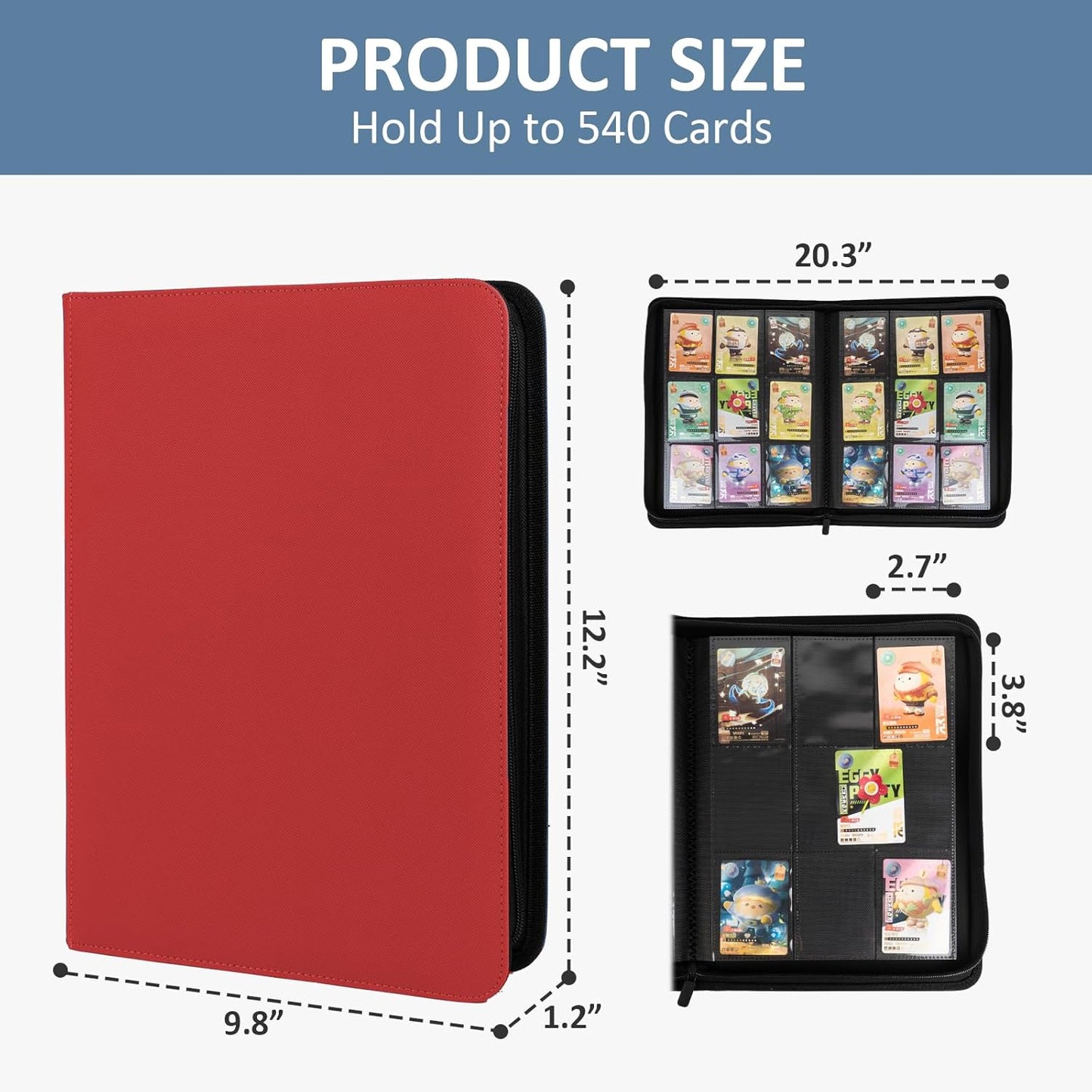 Trading Card Binder 9 Pocket with Zipper, Fvxldcz PU Cover Card Collection Binder 540 Cards Sleek Side-Loading Card Album, Sturdy Card Collection Folder for TCG, MTG, Yugioh, Sport Cards (Red)