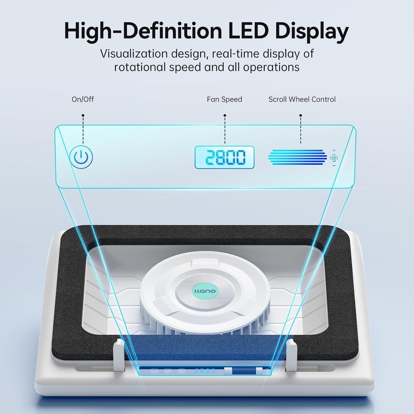 llano V12 Laptop Cooling Pad with 5.5" Turbofan – High-Speed Cooling for 15-19 Inch Gaming Laptops, Adjustable Speed & Touch Control, 3-Port USB Hub, with Mousepad, White (No RGB)