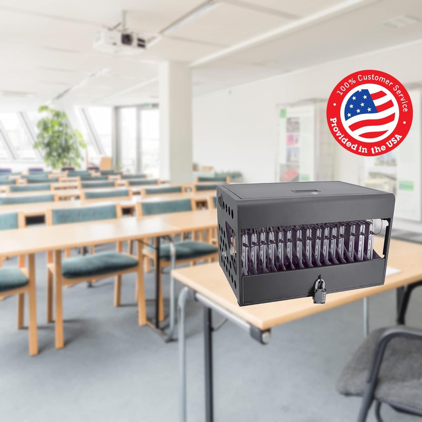 16-Device Charging Station for Chromebooks - Locking Charging Cabinet with Cable Management, Charger Storage, and Lock Included - Fits 14'' Screensize and 1.2'' Thick Tablets (Black)