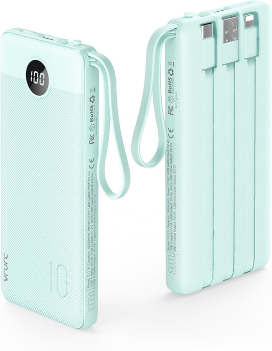 VRURC Portable Charger Power Bank, 10000mAh Travel Essentials Battery Pack, 5 Outputs 2 Inputs Slim Charging Bank Built-in Cables Cords Wires Compatible with iPhone,Samsung,Android-Green(1 Pack)