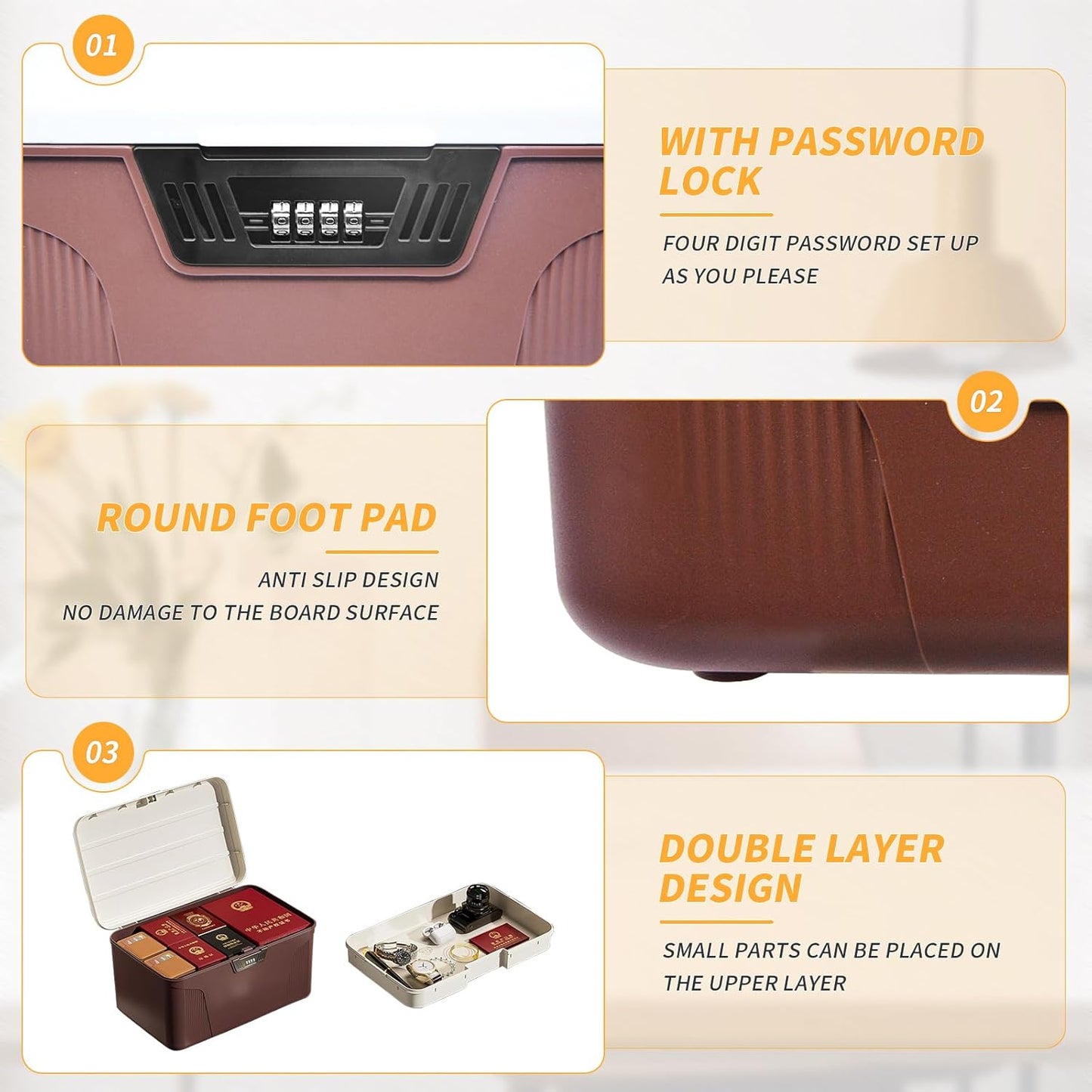 Lockable Storage Bin - 4.2 Gallon Locking Container with 4-Digit Combination Lock, Stackable Plastic Organizer Box for Usable As Item Organizer Or Office File Storage/Camping(Brown)