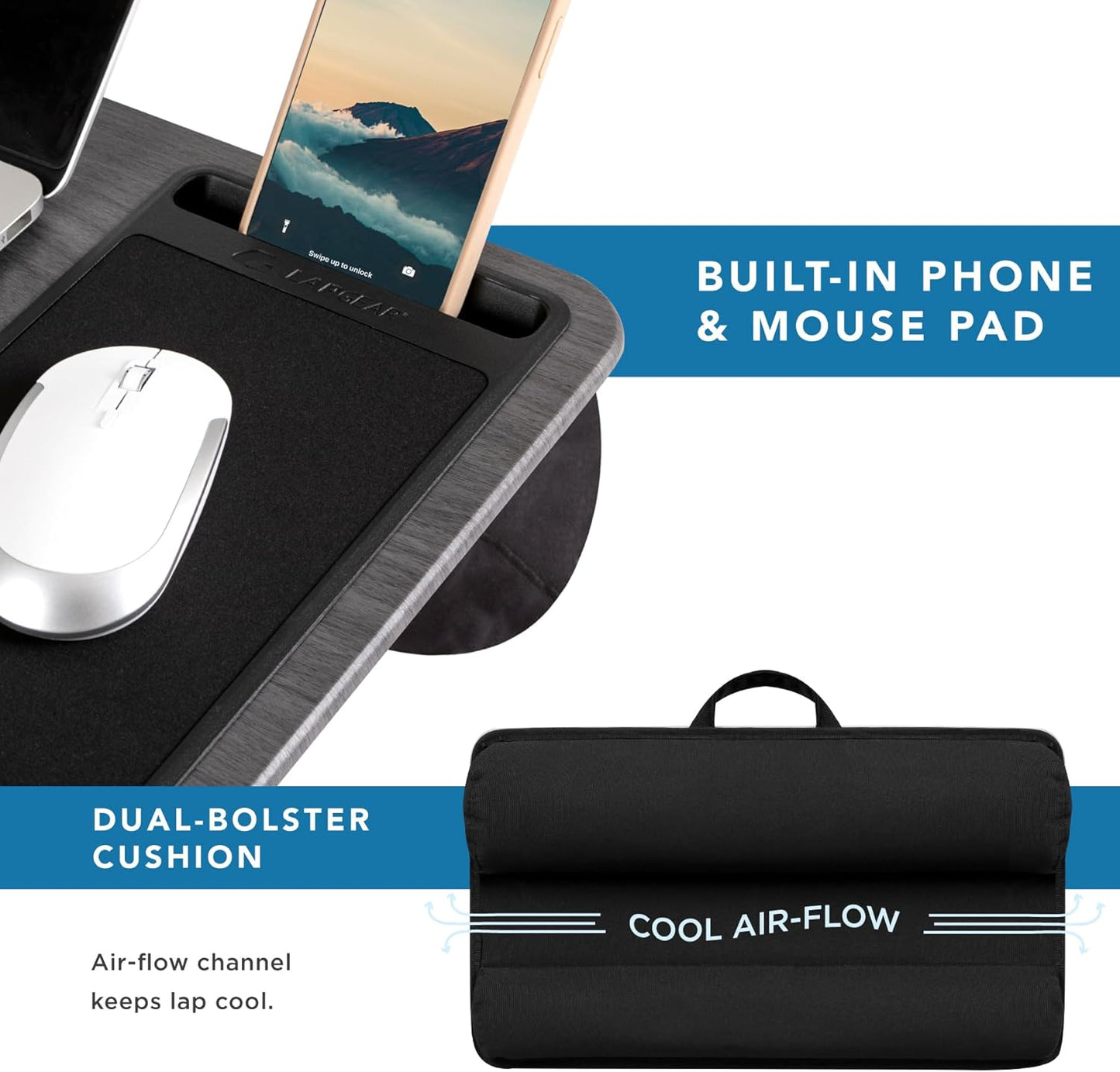 LAPGEAR Home Office Lap Desk with Device Ledge, Mouse Pad, and Phone Holder - Gray Woodgrain - Fits up to 15.6 Inch Laptops - Style No. 91545