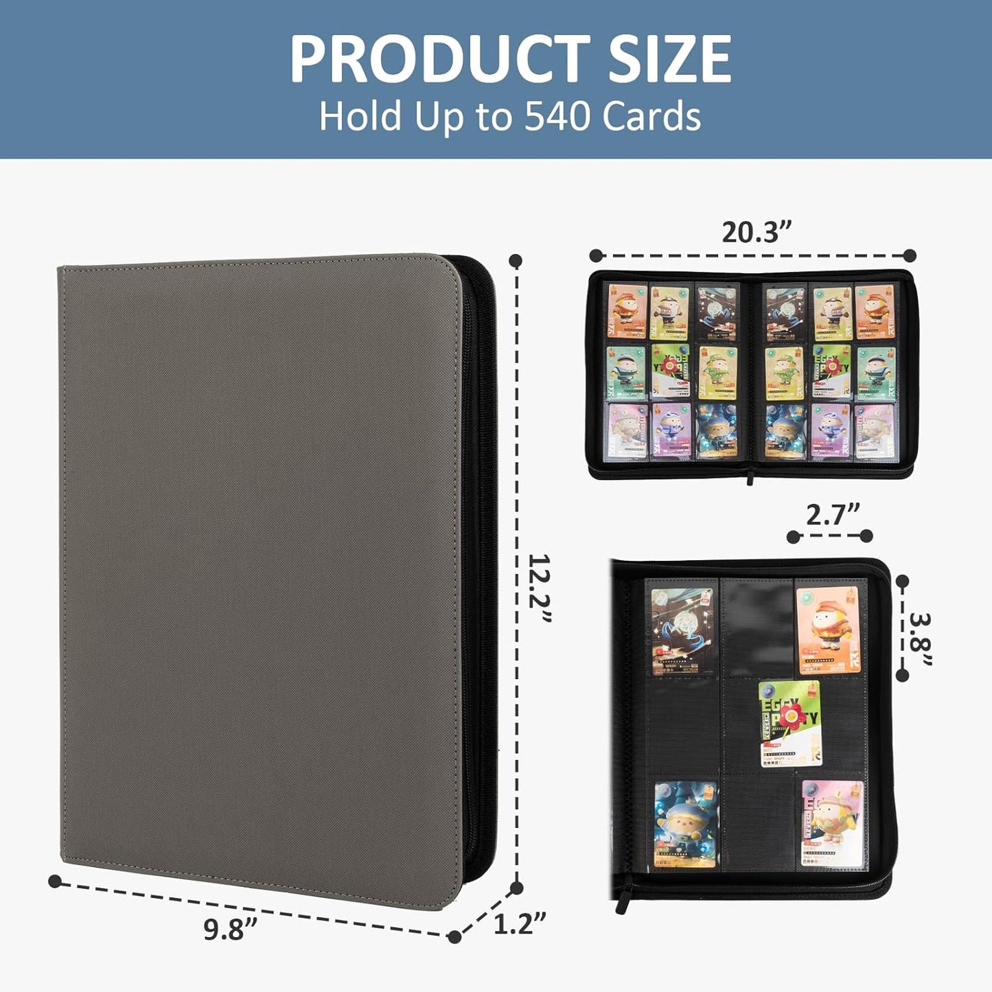 Trading Card Binder 9 Pocket with Zipper, Fvxldcz PU Cover Card Collection Binder 540 Cards Sleek Side-Loading Card Album, Sturdy Card Collection Folder for TCG, MTG, Yugioh, Sport Cards (Gray)