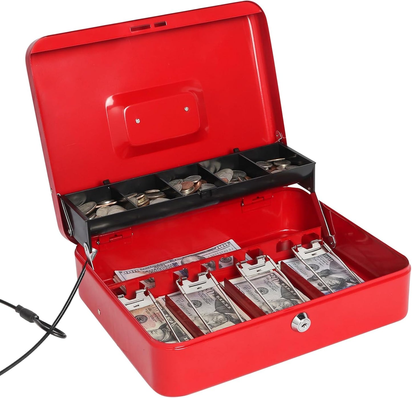 Jssmst Large Locking Cash Box with Money Tray, Lock Box with Security Cable Metal Money Box with Key Lock, Red