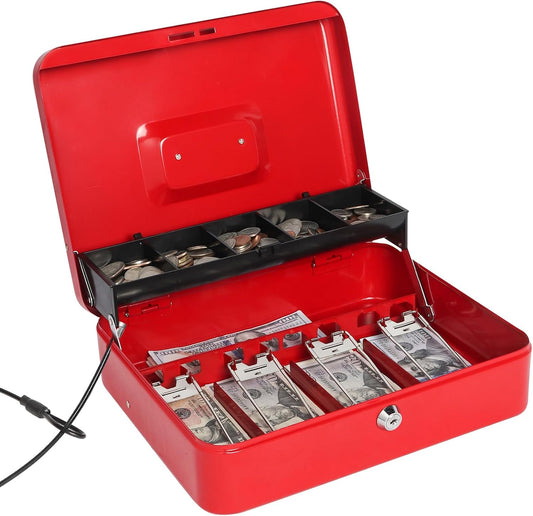 Jssmst Large Locking Cash Box with Money Tray, Lock Box with Security Cable Metal Money Box with Key Lock, Red