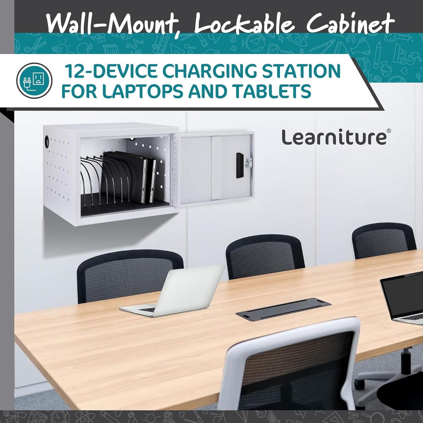 Learniture Structure Series 12-Device Charging Station for Laptops and Tablets, Wall-Mount Lockable Charging Cabinet for 12 Tablets/Chromebooks, Gray